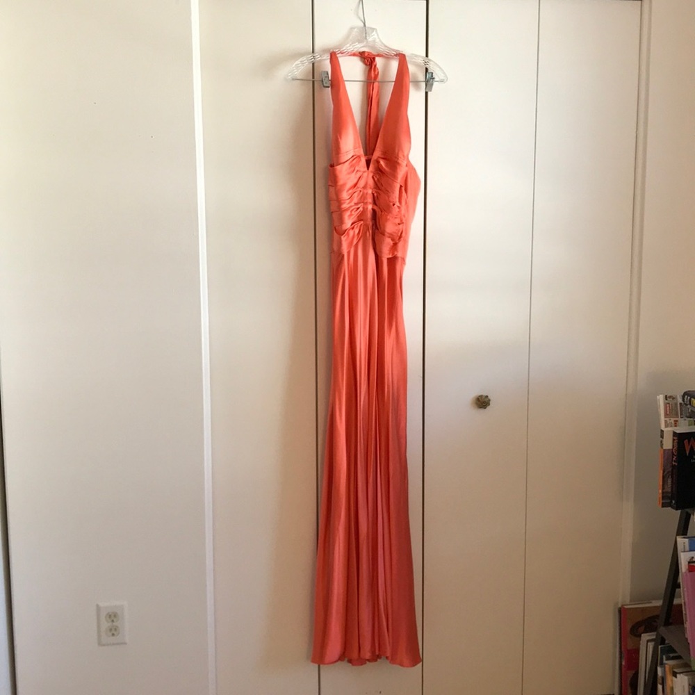 Cache Peach Low Cut Silk Halter Dress, Sz 12